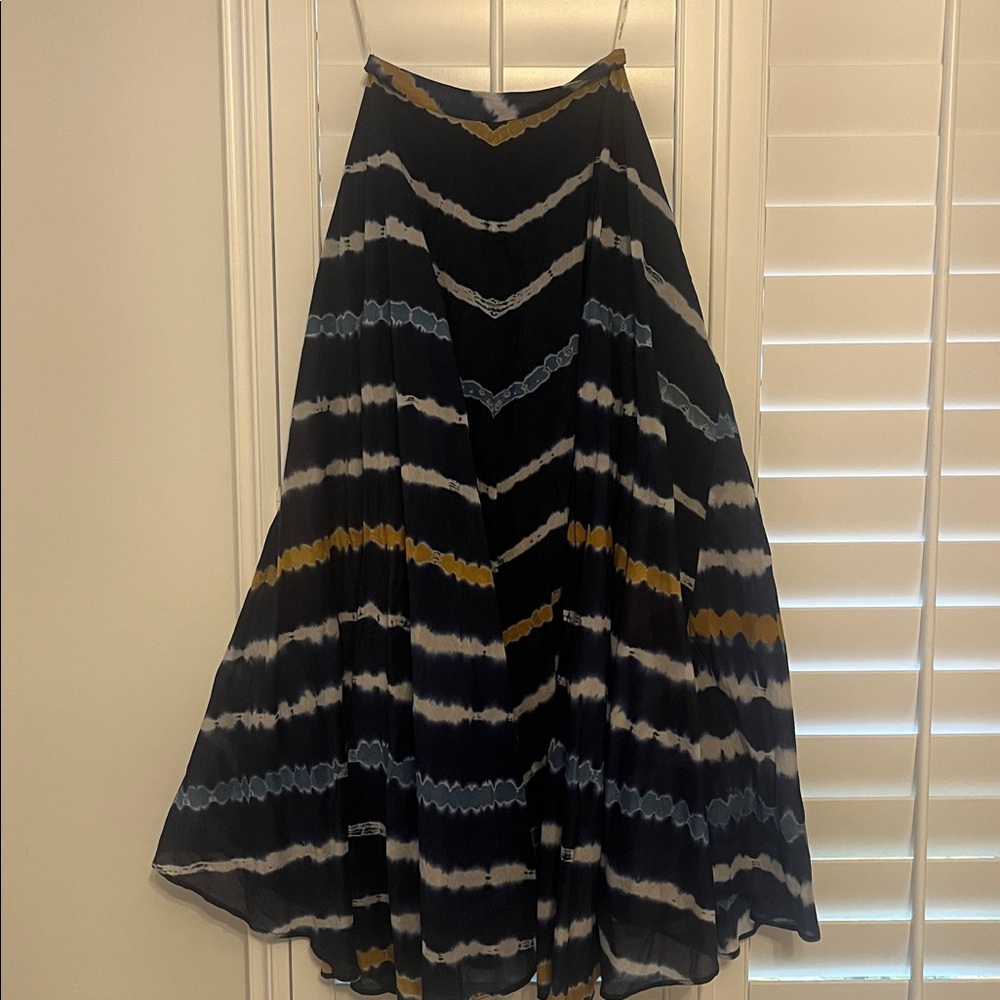 Cara Cara Black Maxi Skirt with Blue, White, and Mustard Tie-Dye Stripes